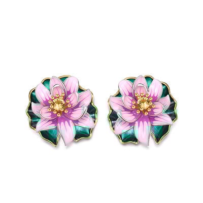 Jeulia "Lotus Flowering" Water Lilies Inspired Enamel Sterling Silver Earrings