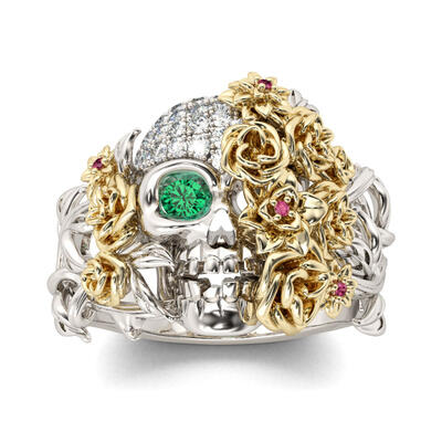 Jeulia Two Tone Floral Round Cut Sterling Silver Skull Ring