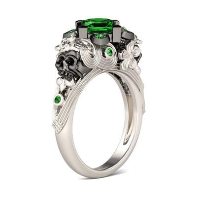 Jeulia Flower Design Princess Cut Sterling Silver Two Skull Ring