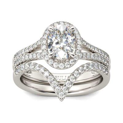 Jeulia Split Shank Halo Oval Cut Sterling Silver Ring Set