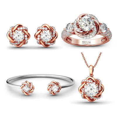 Jeulia Twist Halo Round Cut Sterling Silver Jewelry Set