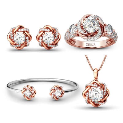 Jeulia Twist Halo Round Cut Sterling Silver Jewelry Set