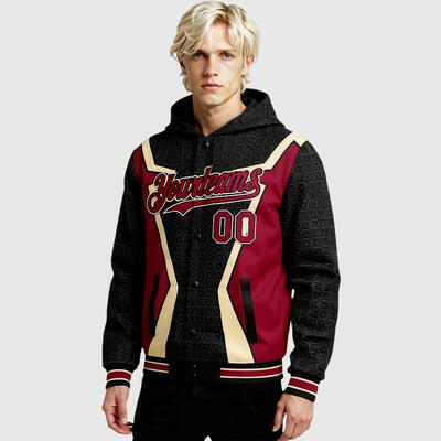 Custom Hoodie Jacket Black Crimson-City Cream Arrow 3D Pattern Design Bomber Full-Snap Varsity Letterman Hoodie Jacket