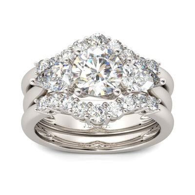 Jeulia Three Stone Round Cut Sterling Silver Ring Set
