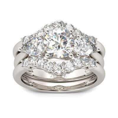 Jeulia Three Stone Round Cut Sterling Silver Ring Set
