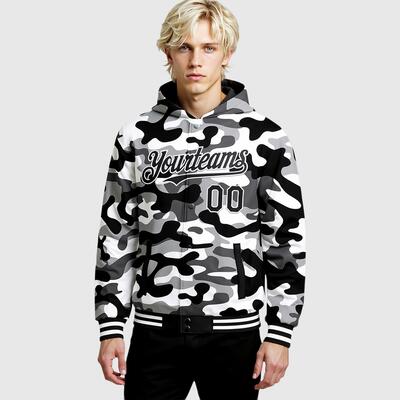 Custom Hoodie Jacket Camo Black-White 3D Bomber Full-Snap Varsity Letterman Salute To Service Hoodie Jacket