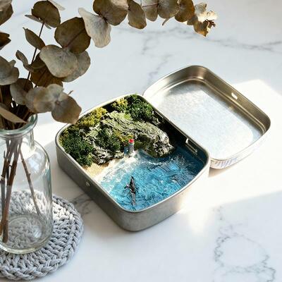Serene Ocean Resin Miniature Scene with Metal Box, Coastal Decor Gift