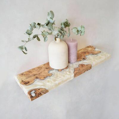 Artisanal White Resin & Wood Floating Shelves - Live Edge Minimalist Wall Decor