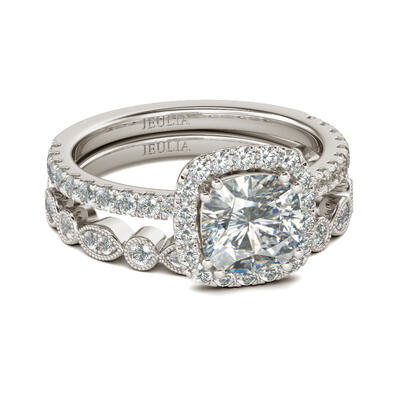 Jeulia Halo Cushion Cut Sterling Silver Ring Set