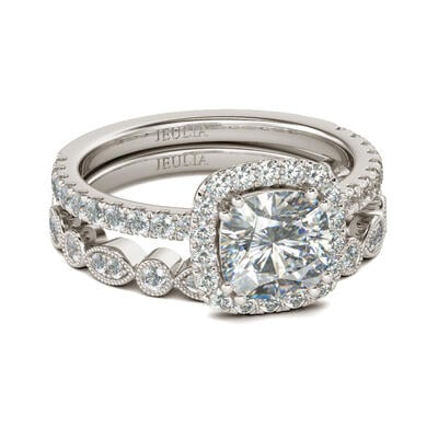 Jeulia Halo Cushion Cut Sterling Silver Ring Set