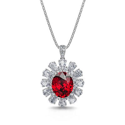 Jeulia "Burning Red" Luxury Halo Oval Cut Sterling Silver Necklace