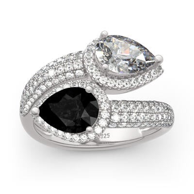 Jeulia Anillo de plata de ley 925 en forma de pera con piedras preciosas en blanco y negro de corte redondo