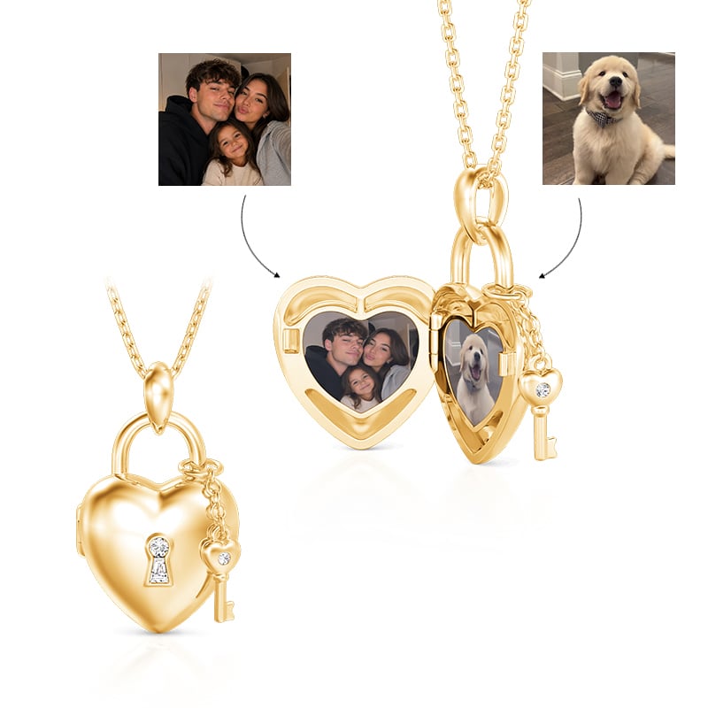 Jeulia Custom Heart Lock and Key Photo Locket Necklace