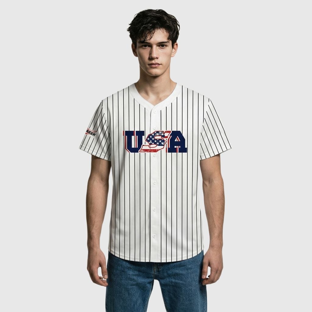 Custom USA Flag Navy Pinstripe Baseball Jersey-Personalized Team Name and Number