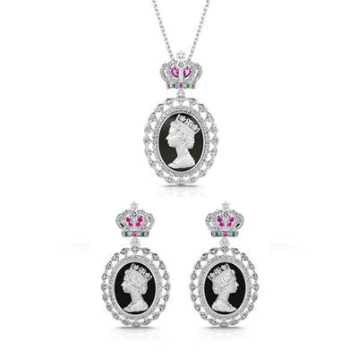 Jeulia "To Honour" Queen Elizabeth Portrait Black Enamel Sterling Silver Jewelry Set