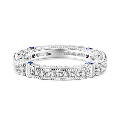 Jeulia Anillo Pareja de Boda para Mujer Estilo Vintage con Piedra Redonda Zafiro en Plata Esterlina