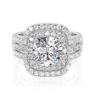 Jeulia Classic Cushion Cut Halo Engagement Ring Set Sterling Silver