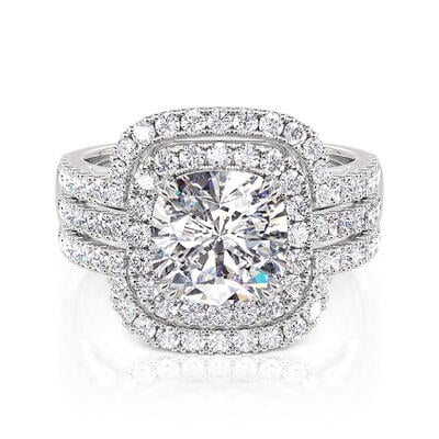 Jeulia Classic Cushion Cut Halo Engagement Ring Set Sterling Silver