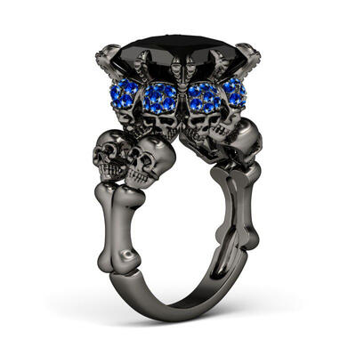 Jeulia Fancy Black Princess Cut Sterling Silver Skull Ring