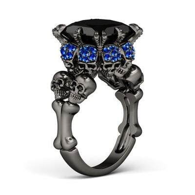 Jeulia Fancy Black Princess Cut Sterling Silver Skull Ring