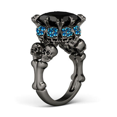 Jeulia Fancy Black Princess Cut Sterling Silver Skull Ring