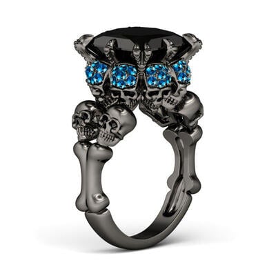 Jeulia Fancy Black Princess Cut Sterling Silver Skull Ring
