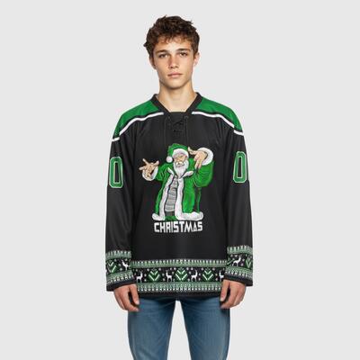 Custom Black Red-White Christmas Santa Claus 3D Hockey Lace Neck Jersey
