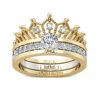 Jeulia Two Tone Crown Round Cut Sterling Silver Ring set