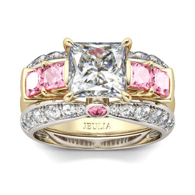 Jeulia Terno De Anillos Con Dos Tonos De Talla Princesa En Plata De Ley