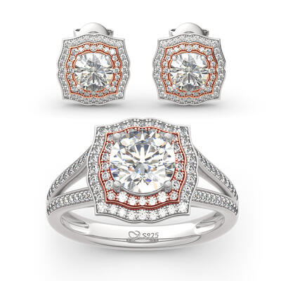 Jeulia Two Tone Halo Round Cut Sterling Silver Jewelry Set
