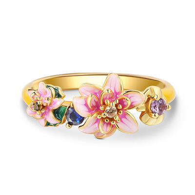 Jeulia "Tenderness in The Pond" Water Lilies Inspired Enamel Sterling Silver Ring