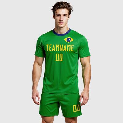 Custom Neon Green Gold-Royal Sublimation Brazilian Flag Soccer Uniform Jersey