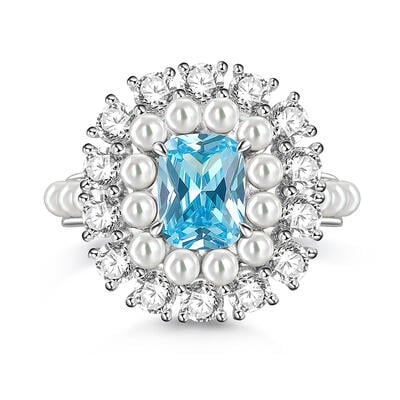 Jeulia Double Halo White Pearl Aquamarine Ring Sterling Silver