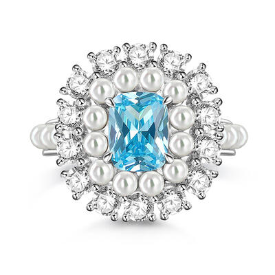 Jeulia Double Halo White Pearl Aquamarine Ring Sterling Silver