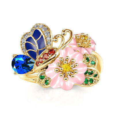 Jeulia "Blossoming Season" Butterfly Flower Design Sterling Silver Ring