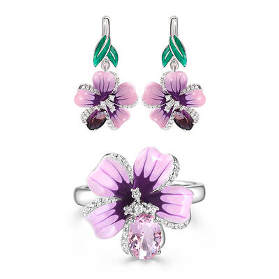 Jeulia "Freshness of Spring" Flower Enamel Sterling Silver Jewelry Set