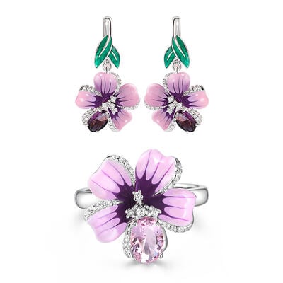 Jeulia "Freshness of Spring" Flower Enamel Sterling Silver Jewelry Set