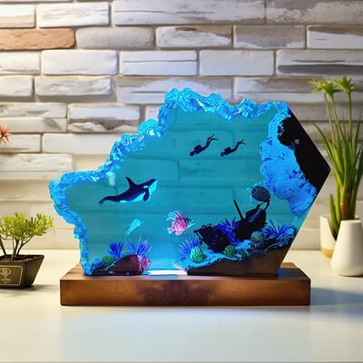 Vibrant Ocean Resin Lamp | Reslol Artisan Orca & Diver Artwork