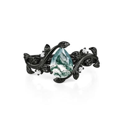 Jeulia Gothic Black Pear Shaped Moss Agate Engagement Ring