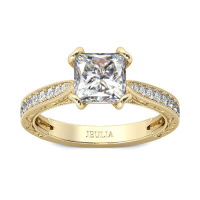 Jeulia Gold Tone Milgrain Princess Cut Sterling Silver Ring