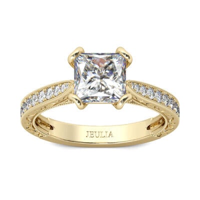 Jeulia Gold Tone Milgrain Princess Cut Sterling Silver Ring