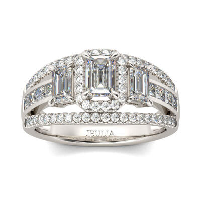 Jeulia Three Stone Halo Emerald Cut Sterling Silver Ring