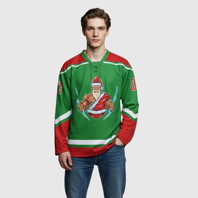 Custom Red Grass Green-White Christmas Santa Claus 3D Hockey Lace Neck Jersey
