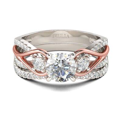 Jeulia Three Stone Two Tone Round Cut Sterling Silver Ring Set