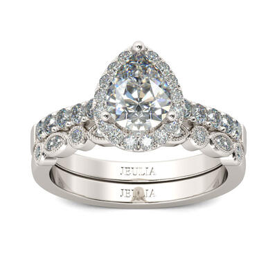 Jeulia Halo Milgrain Pear Cut Sterling Silver Ring Set