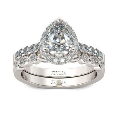 Jeulia Halo Milgrain Pear Cut Sterling Silver Ring Set