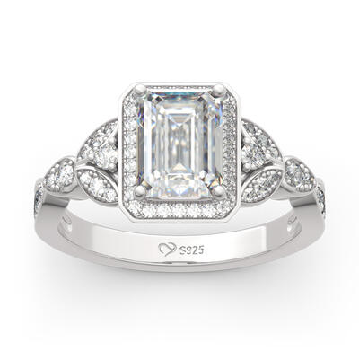 Jeulia Leaf Design Emerald Cut Sterling Silver Ring