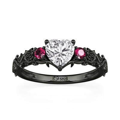 Jeulia Gothic Black Flower Heart Ring Sterling Silver