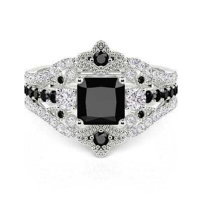 Jeulia Crown Three Stone Black Princess Cut Bridal Set