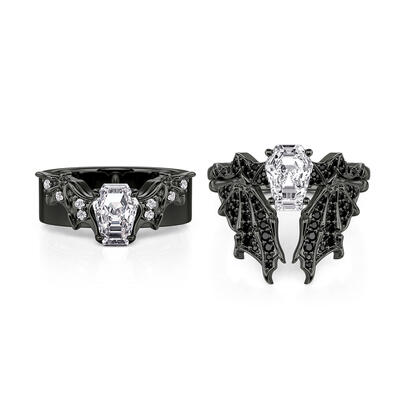 Jeulia Gothic Black Bat Coffin Cut Couple Rings Set